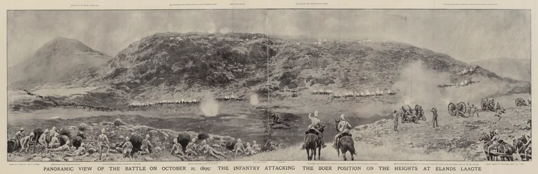 Panoramautsikt over slaget 21. oktober 1899, angrep infanteriet boerposisjonen på høydene ved Elands Laagte